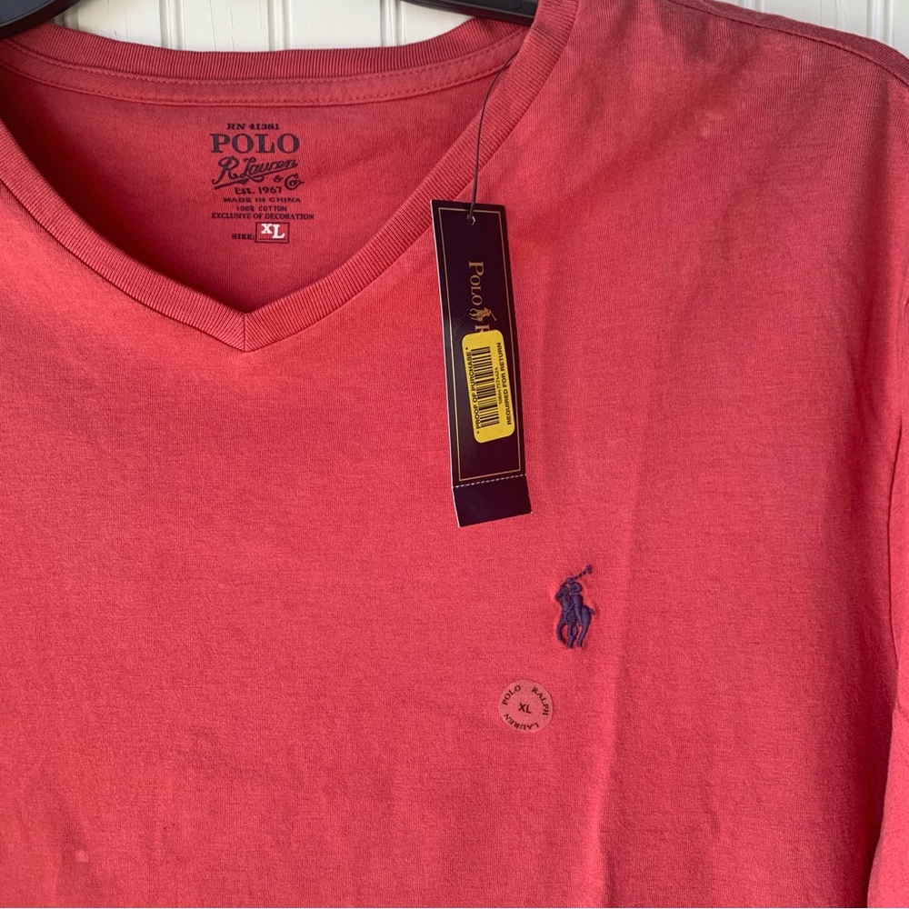 Polo R. Lauren NWT (XL) V-Neck Short Sleeve Shirt (rust color w/navy blue polo)